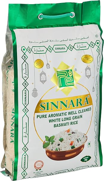 Sinnara Pure Aromatic Basmati Rice, White Long Grain, Well Cleaned, 5kg, Pack